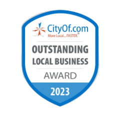 A blue shield with the words " outstanding local business award 2 0 2 3 ".